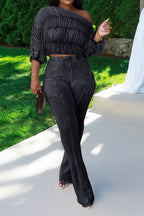 Ruched Off-the-Shoulder Crop Top & Flare Set Lavish Daily