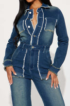 Raw-Edge Long Sleeve Stretch Denim Jumpsuit Lavish Daily