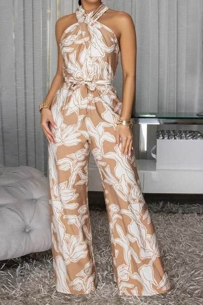 Floral Halter Tie Waist Wide Leg Jumpsuit Lavish Daily