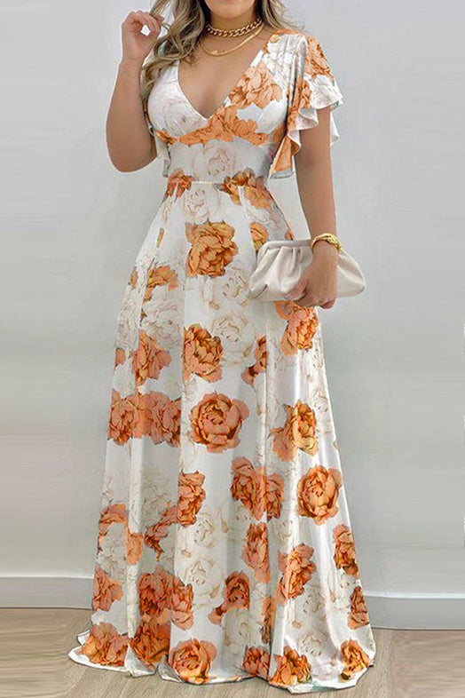 Elegant V-Neck Cinched Waist Print Maxi Dress Lavish Daily