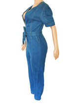 Puff Sleeve Belted Slim Denim Jumpsuit Lavish Daily