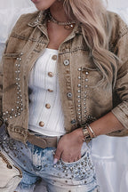 Rivet Studded Pocketed Denim Jacket Lavish Daily