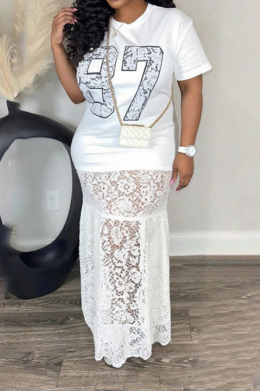 Round Neck Printed Lace Splice Maxi Dress Lavish Daily