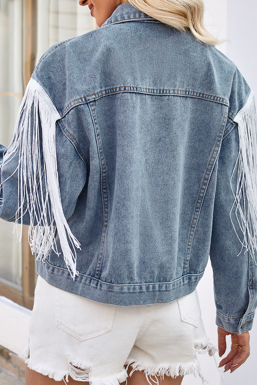 Washed Tassel Long Sleeve Denim Jacket Lavish Daily