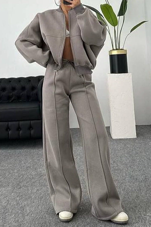 Baseball Collar Full Zip Drawstring Pants Set Lavish Daily