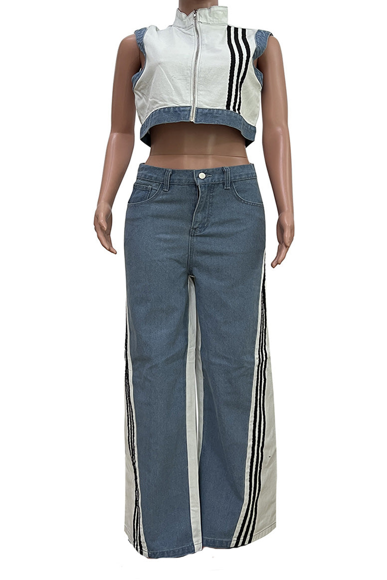 Striped Cropped Top Denim Pant Sets Lavish Daily