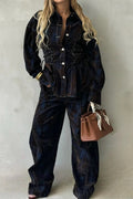 Printed Contrast Denim Jacket & Pants Set Lavish Daily