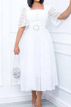 Square Neckline Lace Sleeve Midi Party Dress Lavish Daily