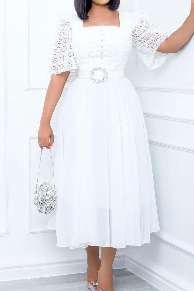 Square Neckline Lace Sleeve Midi Party Dress Lavish Daily