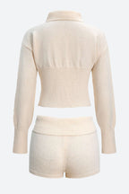 Knit Collared Long Sleeve Cardigan Shorts Set LavishDaily