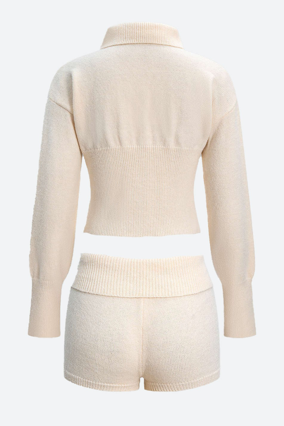 Knit Collared Long Sleeve Cardigan Shorts Set LavishDaily