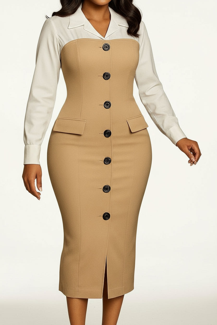 Long Sleeve Blazer Collar Pencil Skirt Dress Lavish Daily