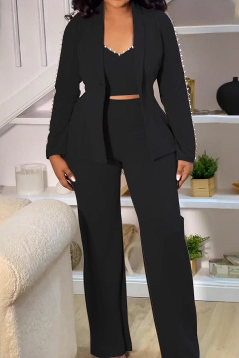 Elegant Pearl Lapel Blazer Three-Piece Set Lavish Daily