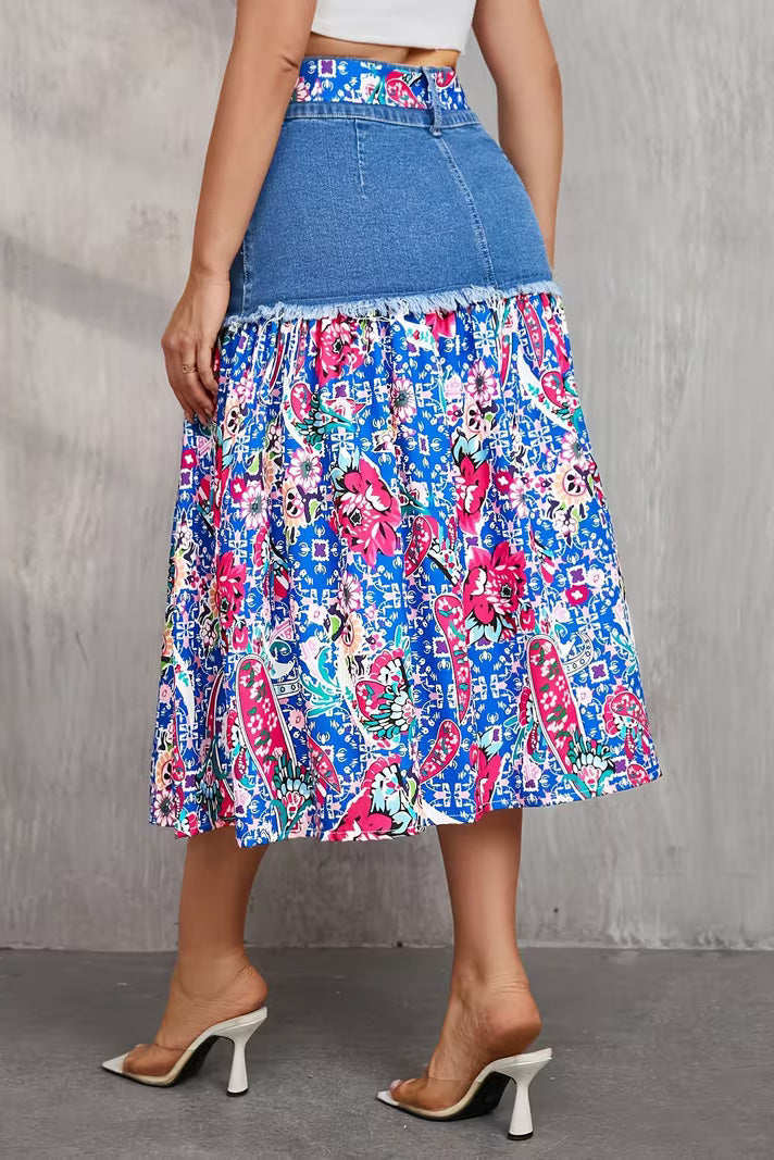 Frayed Denim Patchwork Boho Midi Skirt Lavish Daily