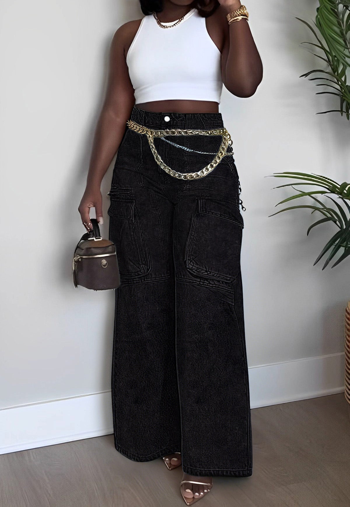 High-Rise Cargo Wide-Leg Utility Denim Jeans Lavish Daily