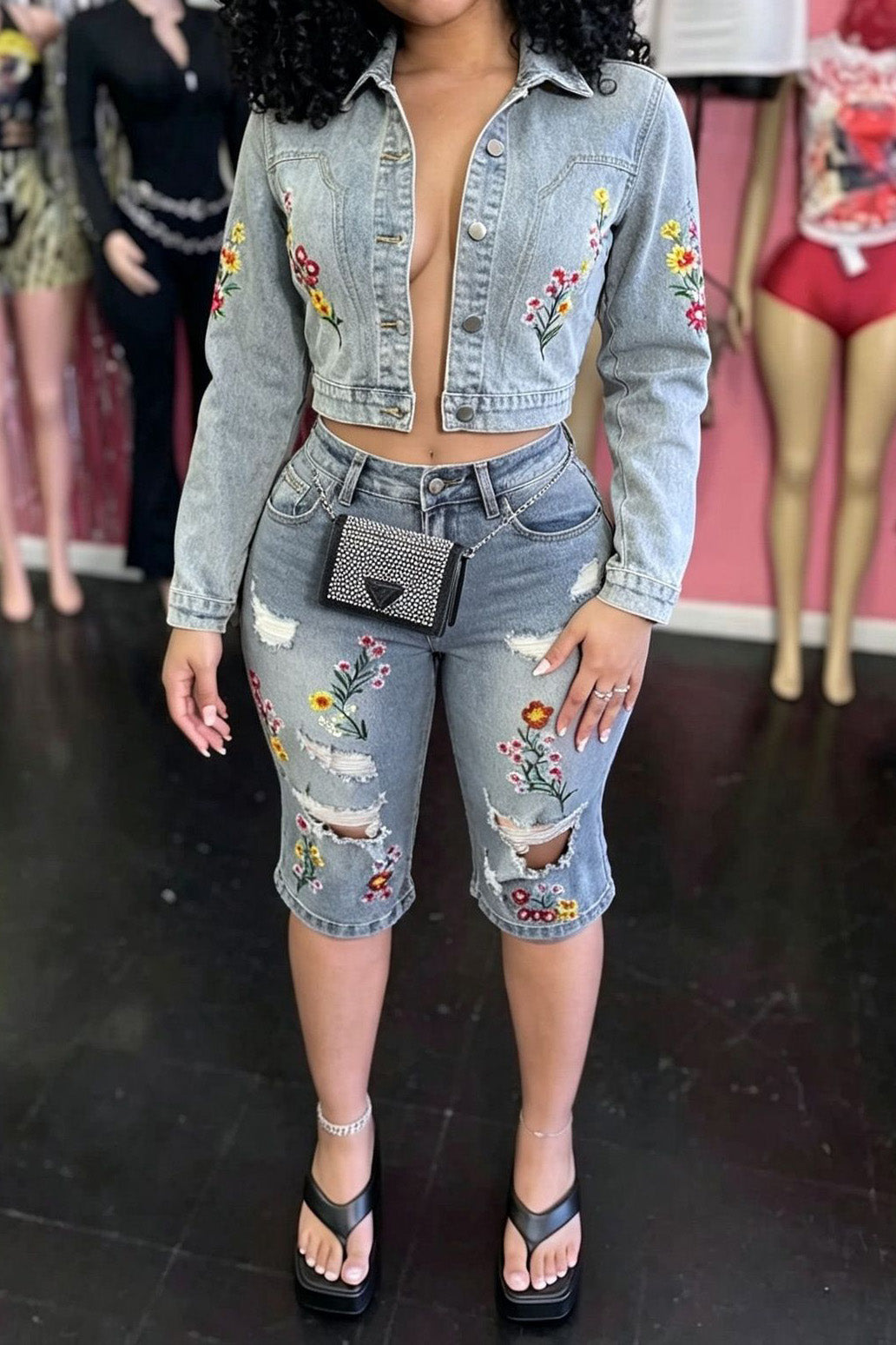 Embroidered Denim Top and Bermuda Shorts Set Lavish Daily