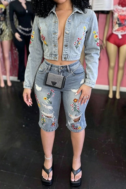 Embroidered Denim Top and Bermuda Shorts Set Lavish Daily