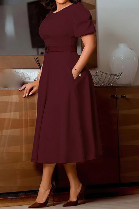 Puff-Sleeve Belted A-Line Midi Dress Lavish Daily