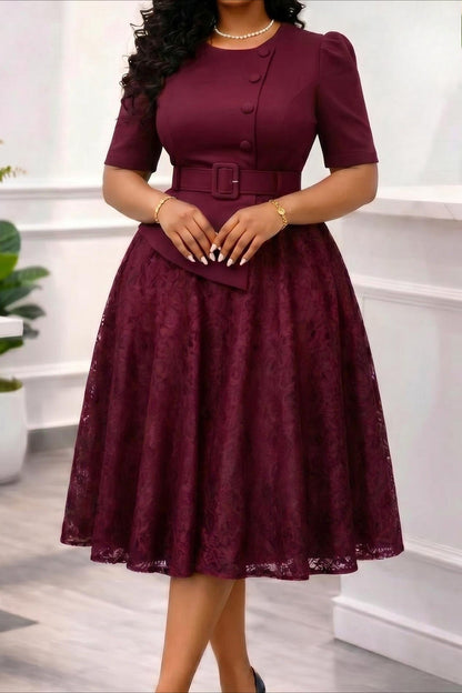 Asymmetrical Button Belted Lace Midi Dress Lavish Daily