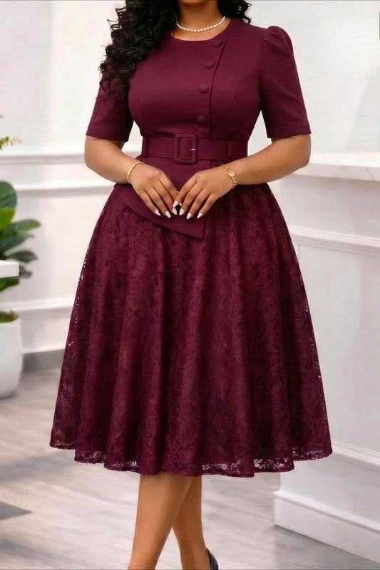 Asymmetrical Button Belted Lace Midi Dress Lavish Daily