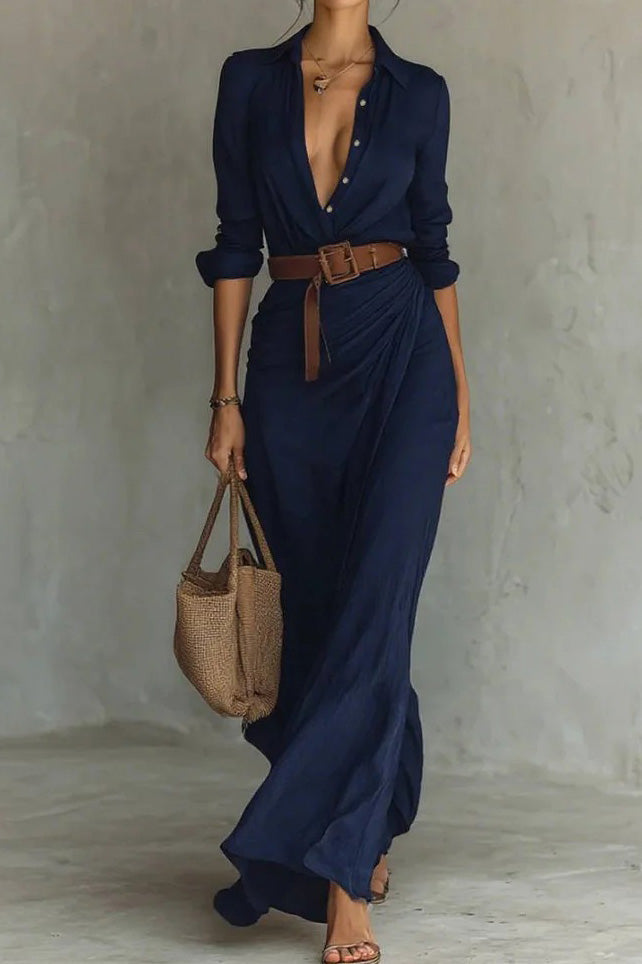 Lapel Buttoned Waist Maxi Dress Lavish Daily