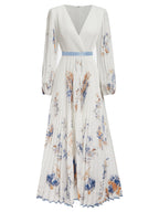 V Neck Floral Long Sleeve A Line Maxi Dress LavishDaily