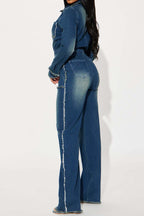 Raw-Edge Long Sleeve Stretch Denim Jumpsuit Lavish Daily
