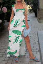 Long Strapless Dress With Slits and Tropical Print Lavish Daily