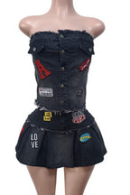 Denim Strapless Pleated Embroidered Skirt Set Lavish Daily
