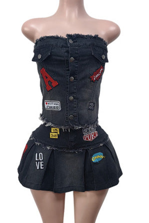 Denim Strapless Pleated Embroidered Skirt Set Lavish Daily