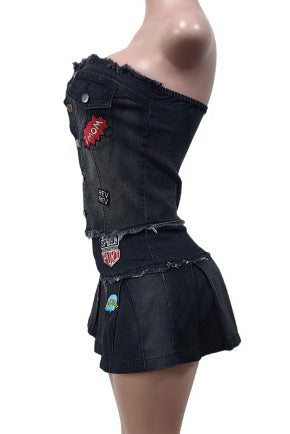 Denim Strapless Pleated Embroidered Skirt Set Lavish Daily