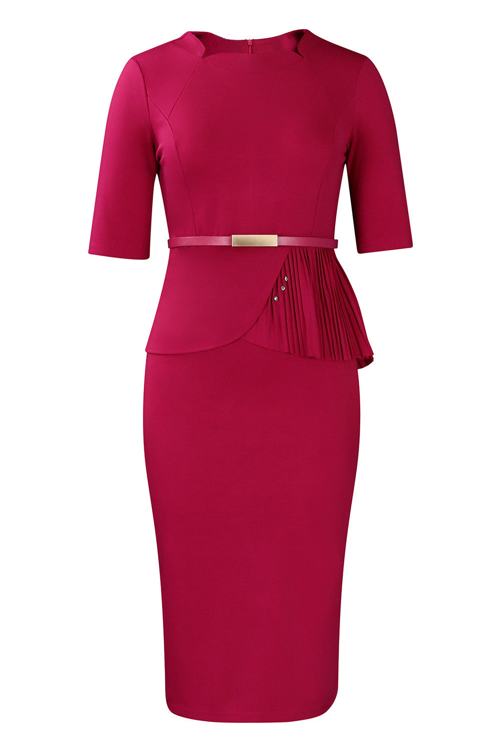 Solid Short Sleeves Knee Length Peplum Dress Lavish Daily