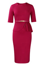 Solid Short Sleeves Knee Length Peplum Dress Lavish Daily