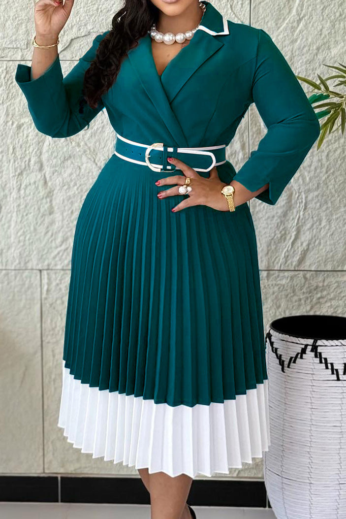 Elegant Lapel Belted Pleated Midi Dress Lavish Daily