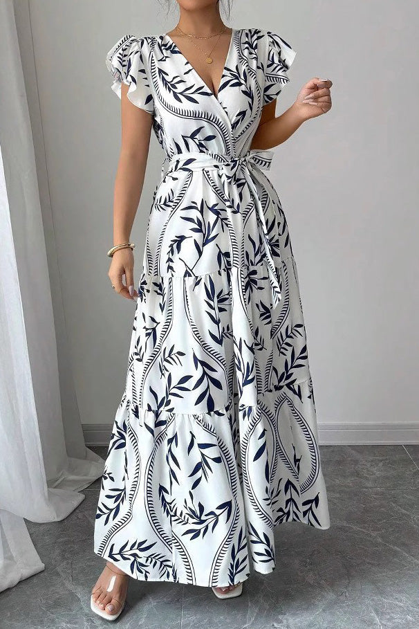 Floral Ruffle V-Neck Slim Maxi Dress Lavish Daily