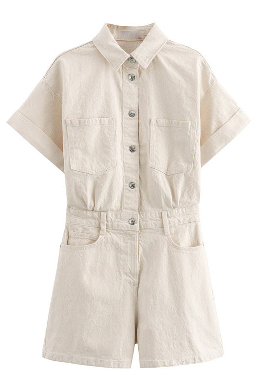 Denim Short Sleeve Romper with Pockets Lavish Daily