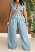 Zip-Up Vest High-Rise Wide Leg Pants Denim Set Lavish Daily