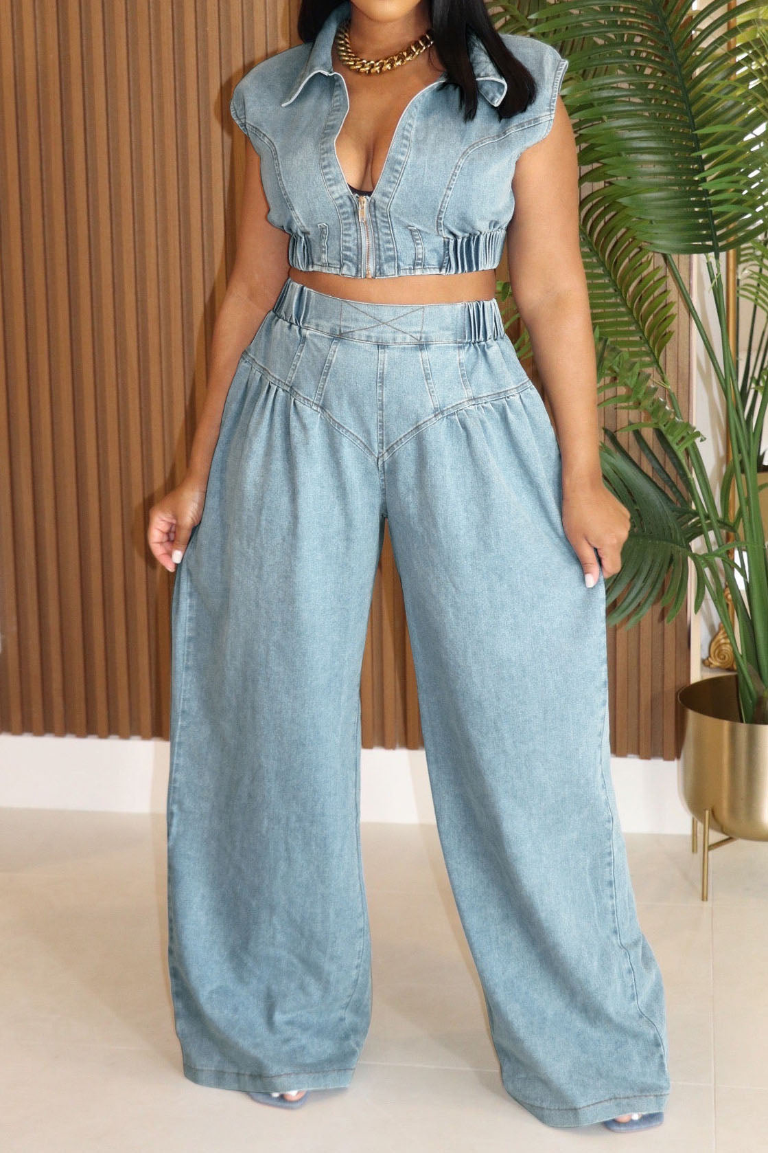 Zip-Up Vest High-Rise Wide Leg Pants Denim Set Lavish Daily