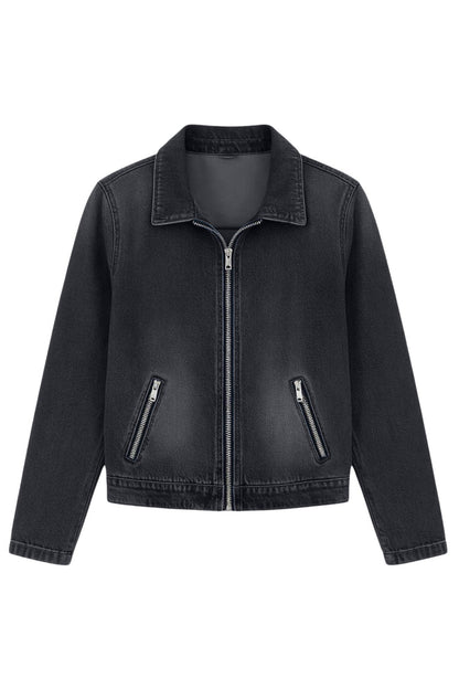 Washed Zip Front Denim Jacket Lavish Daily