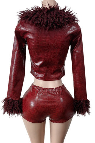 Snake Texture Faux Leather Long Sleeve Shorts Set Lavish Daily