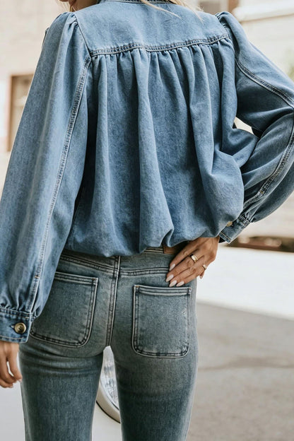 Puff-Sleeve Stand-Collar Denim Jacket Lavish Daily
