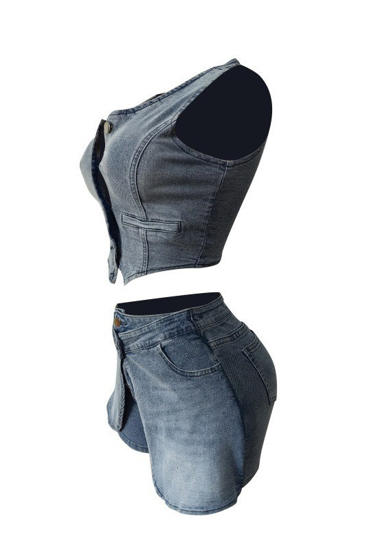 Stretch Denim Apron Shorts Set - Vest & Shorts Lavish Daily