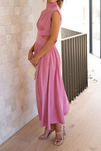 Mock Neck Cut Out Pleated Maxi Dress Lavish Daily