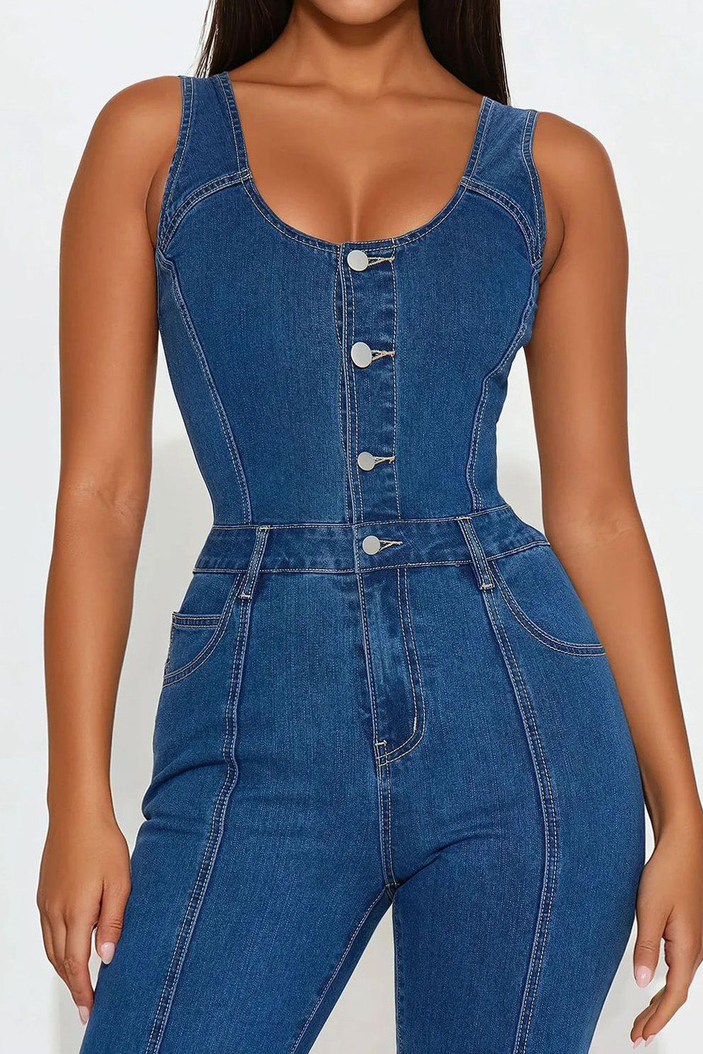 Strappy Flared Leg Denim Jumpsuit Lavish Daily
