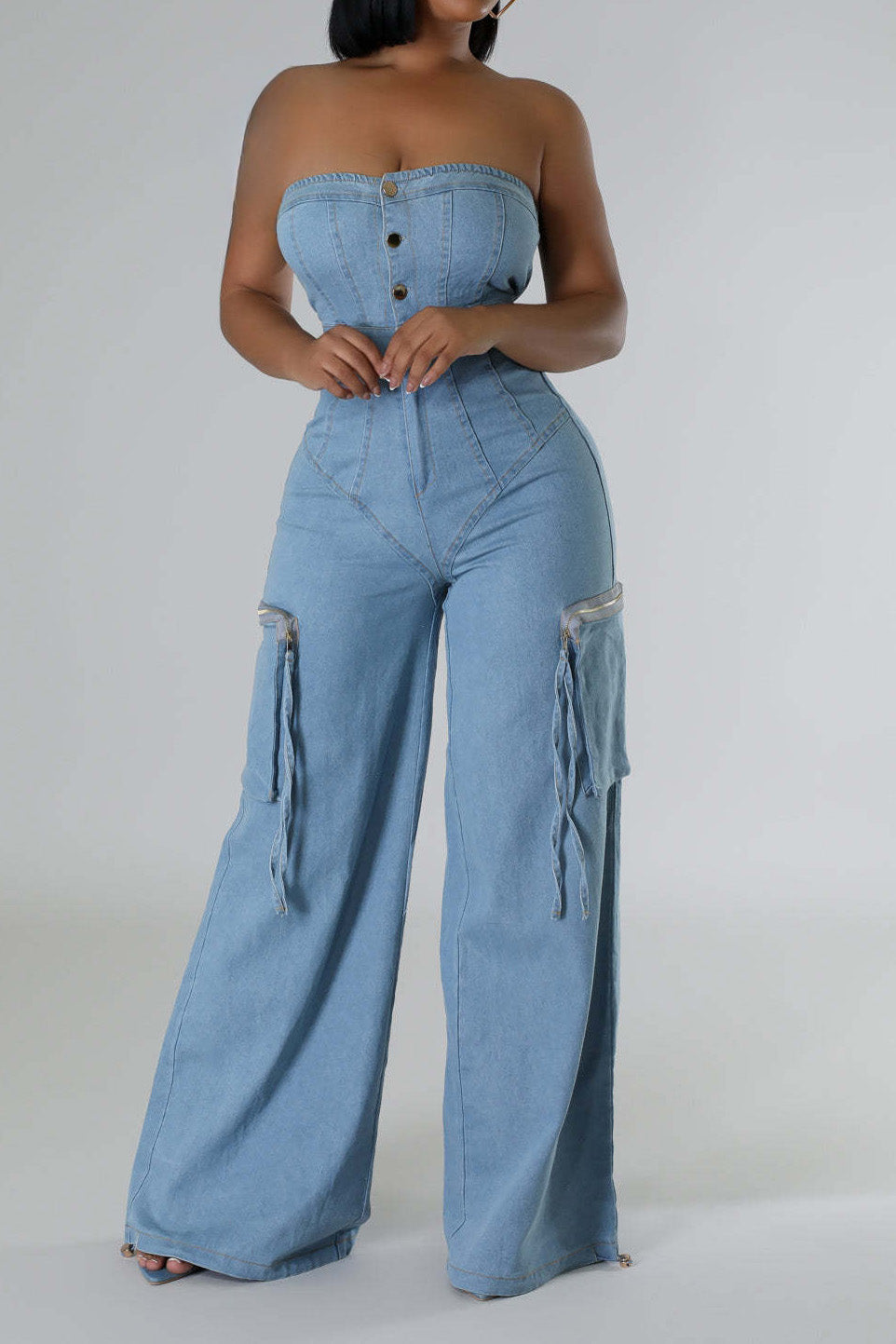 Slim Fit Strapless Denim Jumpsuit Lavish Daily