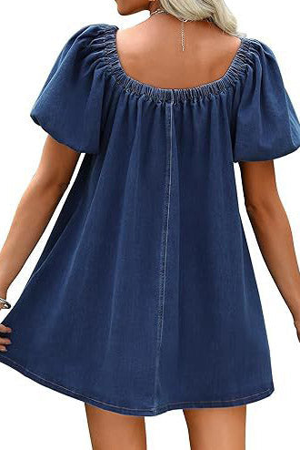 Bubble Sleeve Square Neck Denim Babydoll Dress Lavish Daily