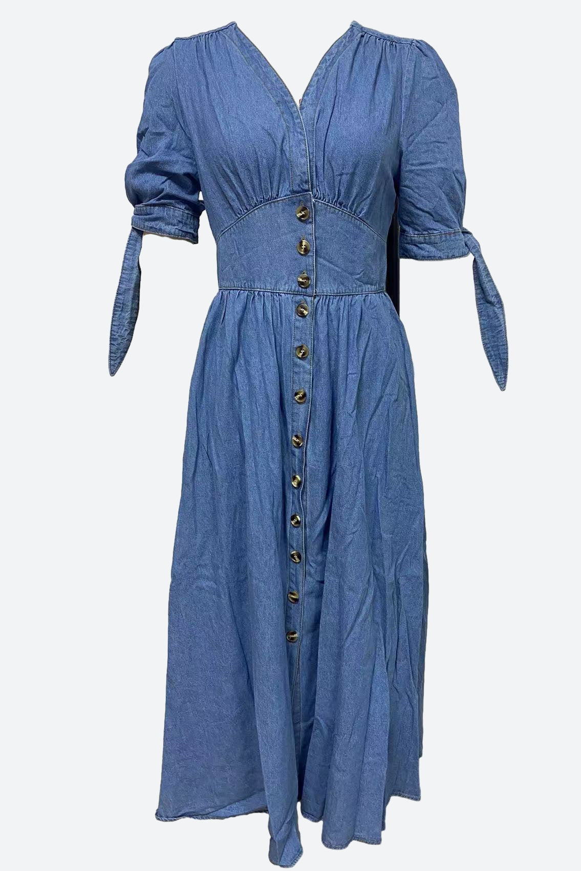 Single-Breasted V-Neck Denim Dress Lavish Daily