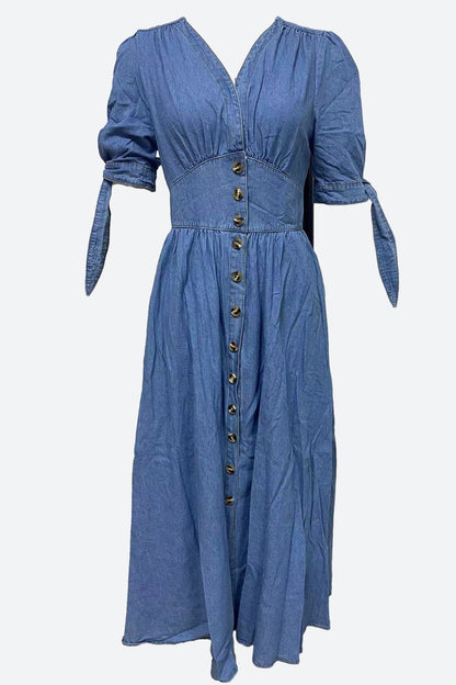 Single-Breasted V-Neck Denim Dress Lavish Daily