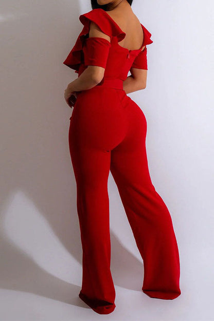 Plunging Ruffle Off-The-Shoulder Belted Flared Jumpsuit Lavish Daily