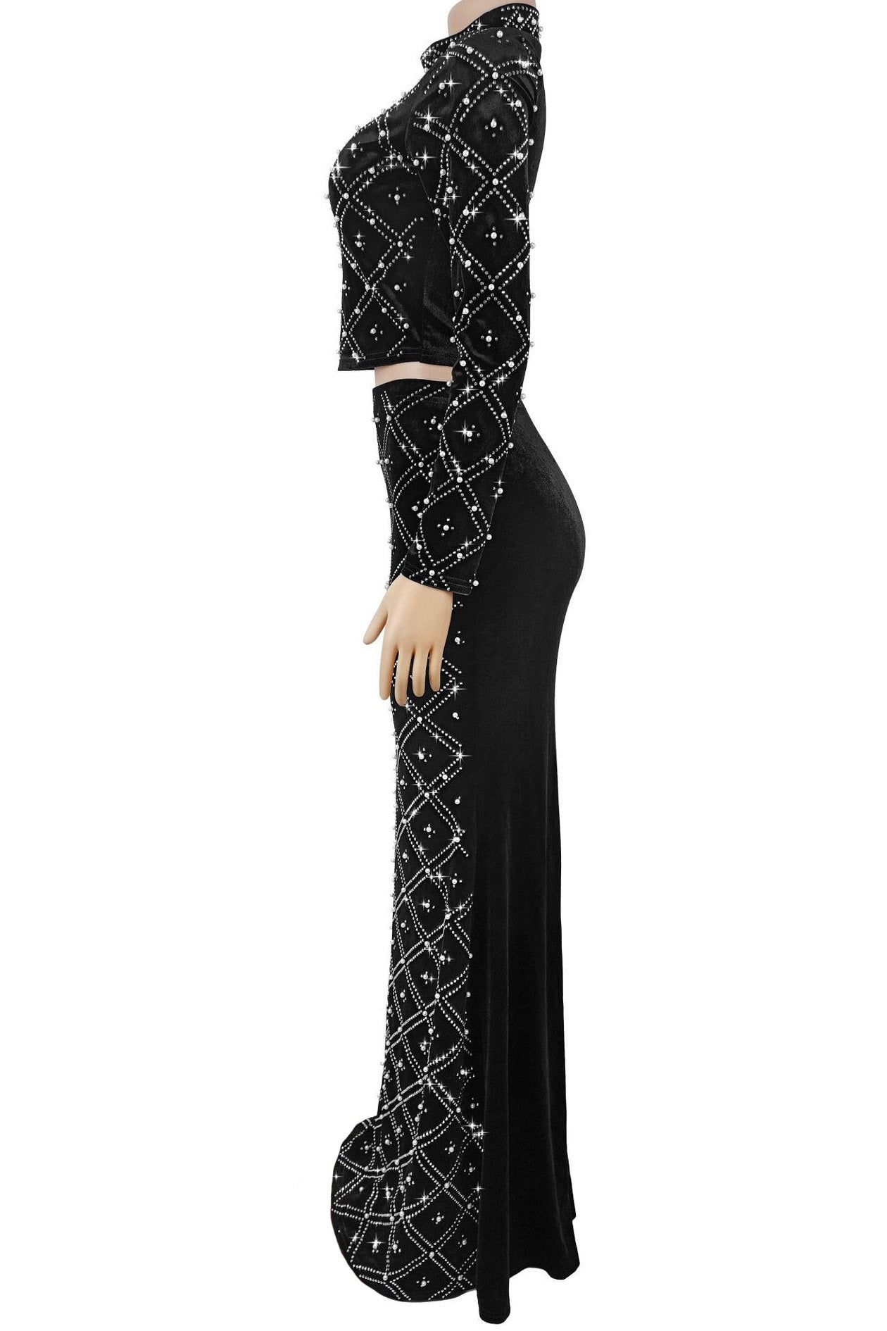 Elegant Pearl Beaded Rhinestone Evening Maxi Set Lavish Daily